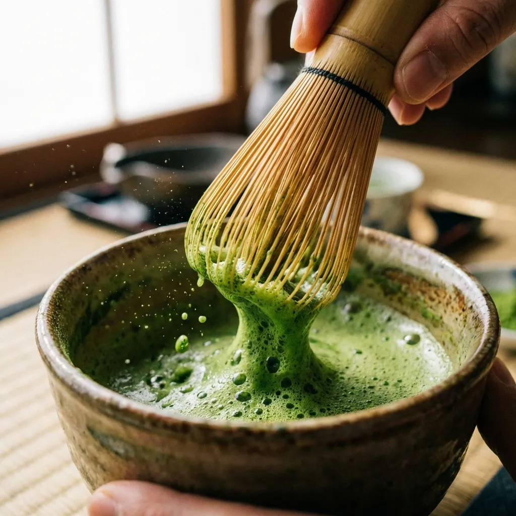 Whisking matcha with a bamboo whisk